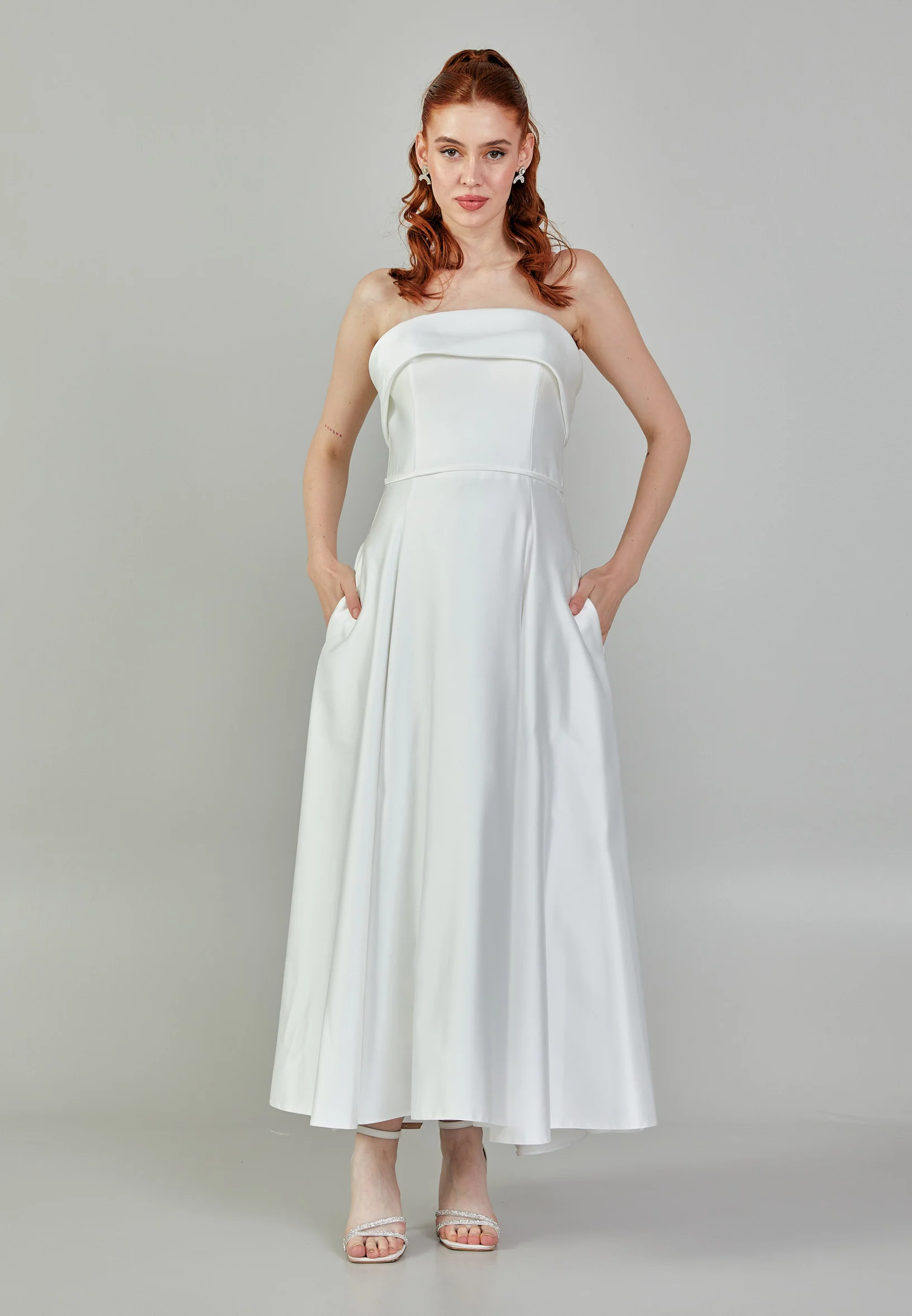 Strapless Midi Satin Regular Wedding Dress mxg56540