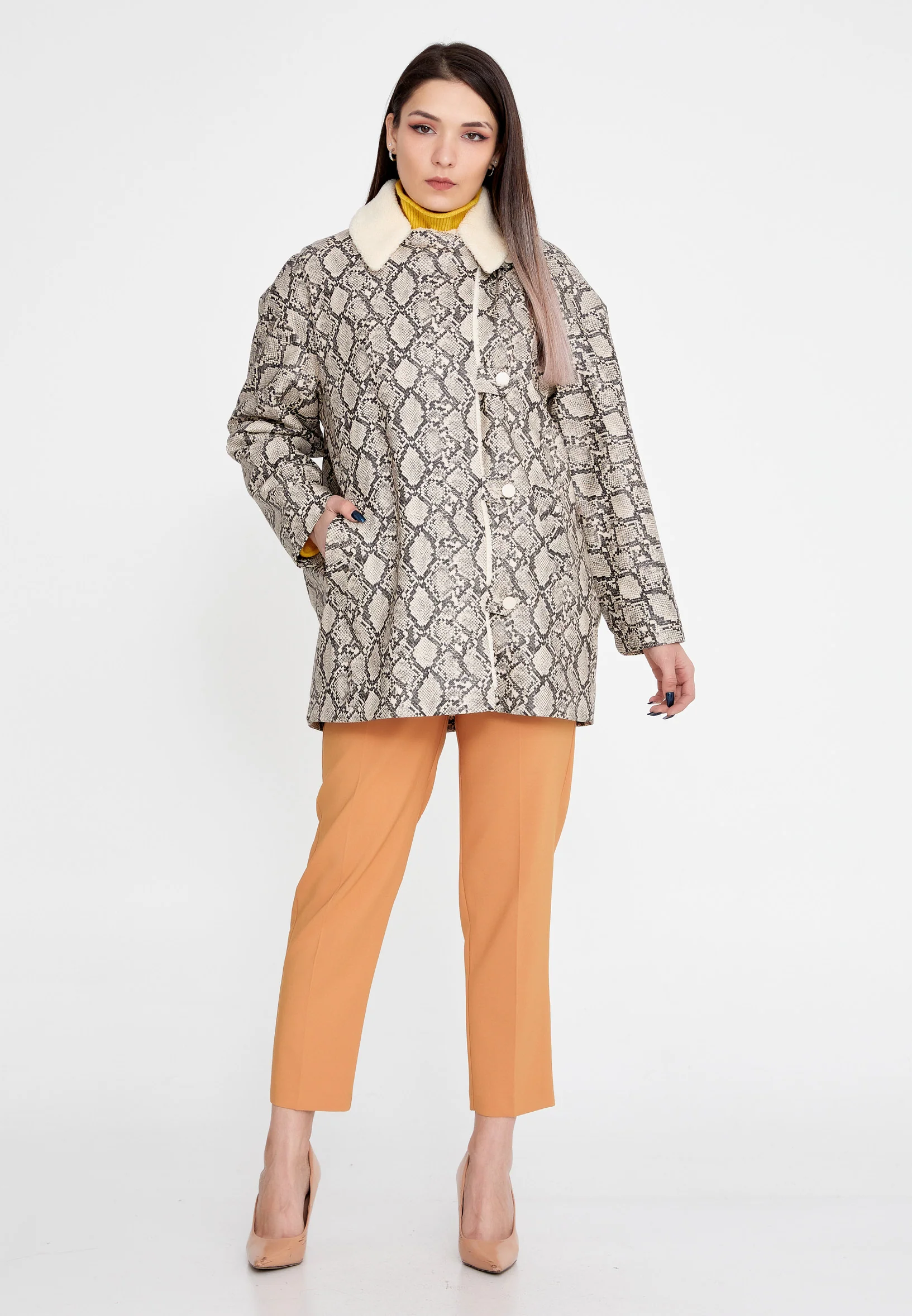 Suede Leather Animal Print Regular Coat ber23k8141 - Image 5