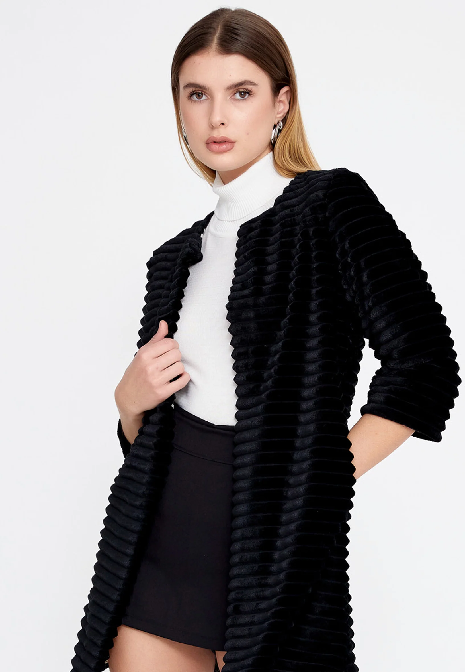 Velvet Solid Color Regular Coat esl87199