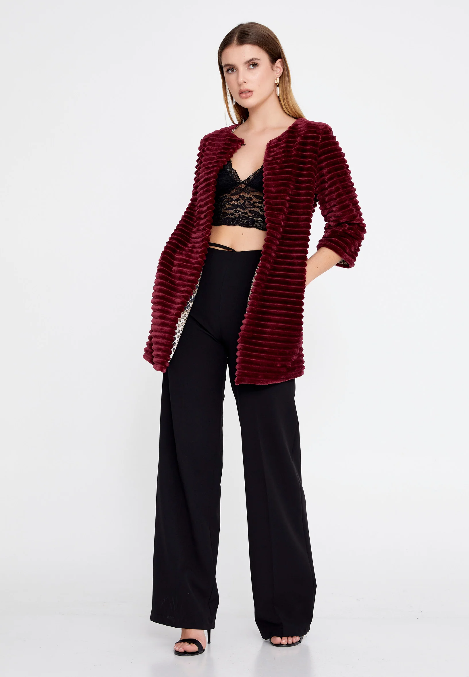 Velvet Solid Color Regular Coat esl87199 - Image 10