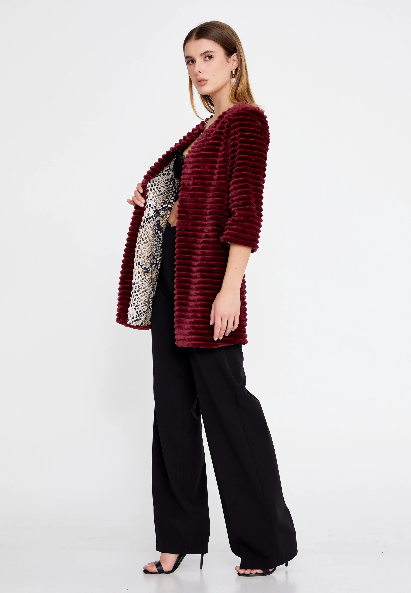 Velvet Solid Color Regular Coat esl87199 - Image 12