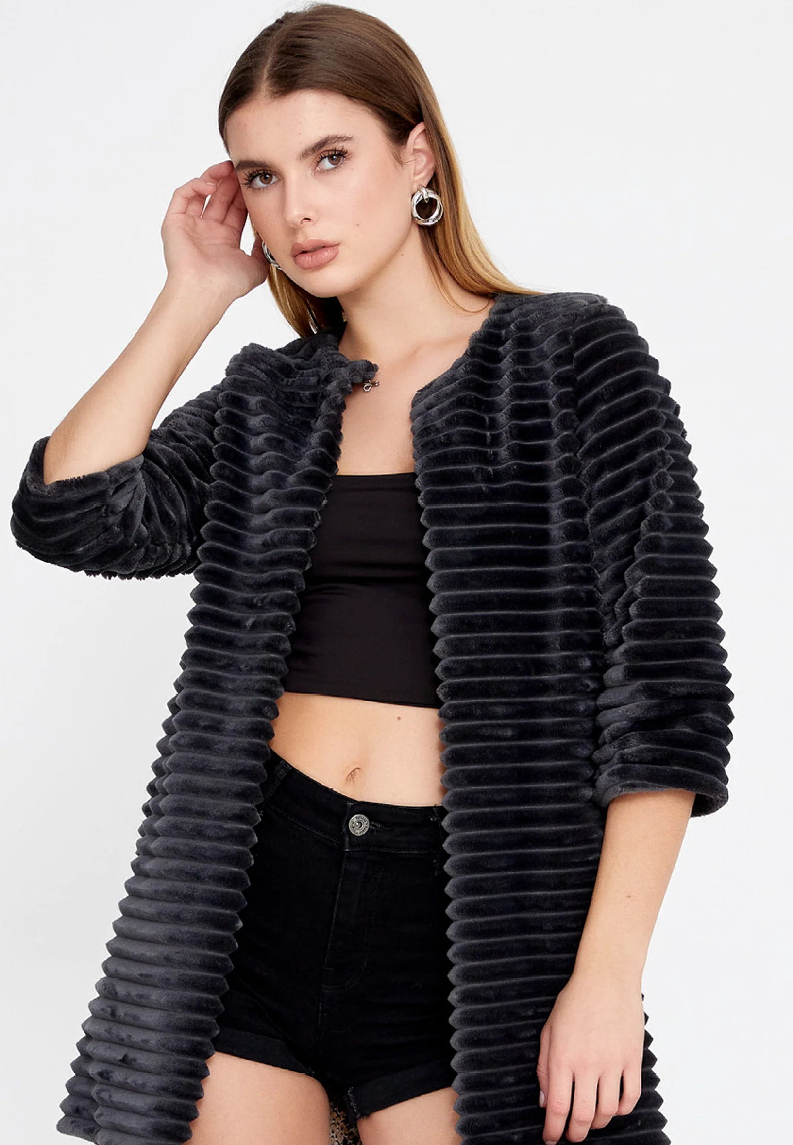 Velvet Solid Color Regular Coat esl87199 - Image 13