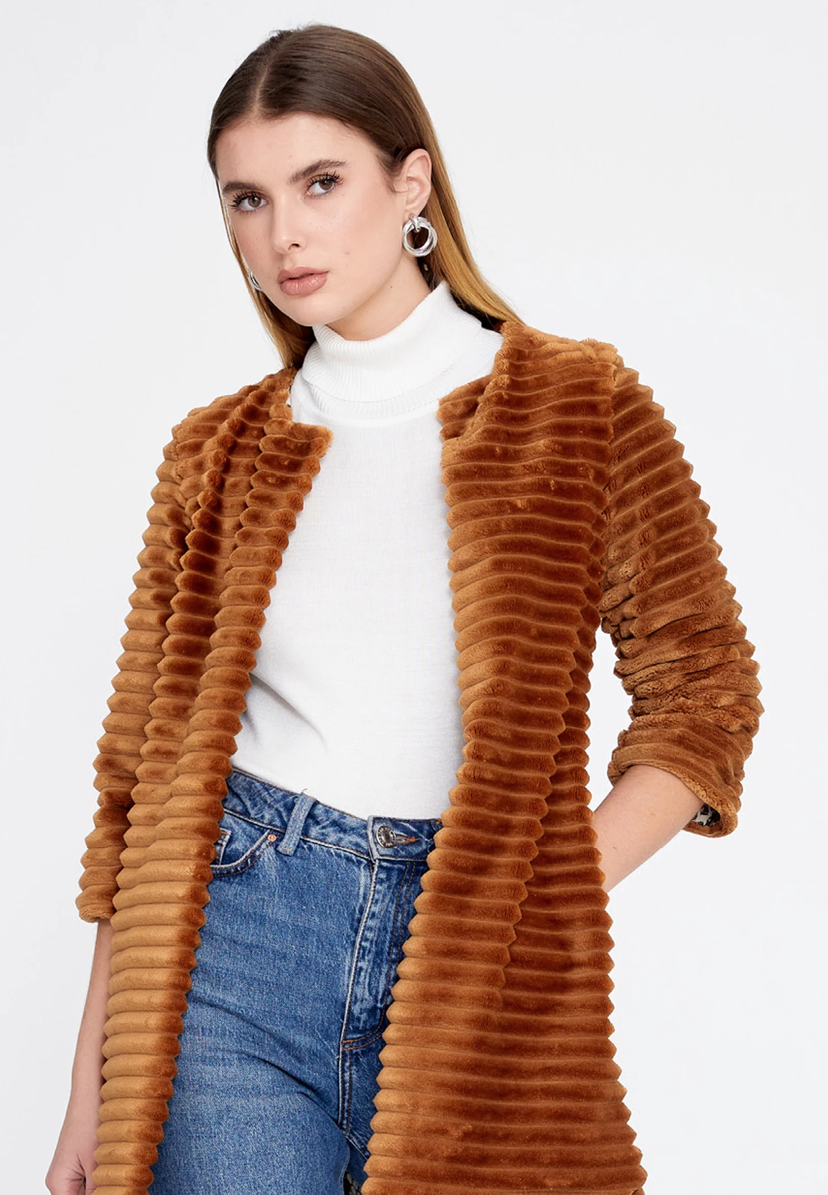 Velvet Solid Color Regular Coat esl87199 - Image 5