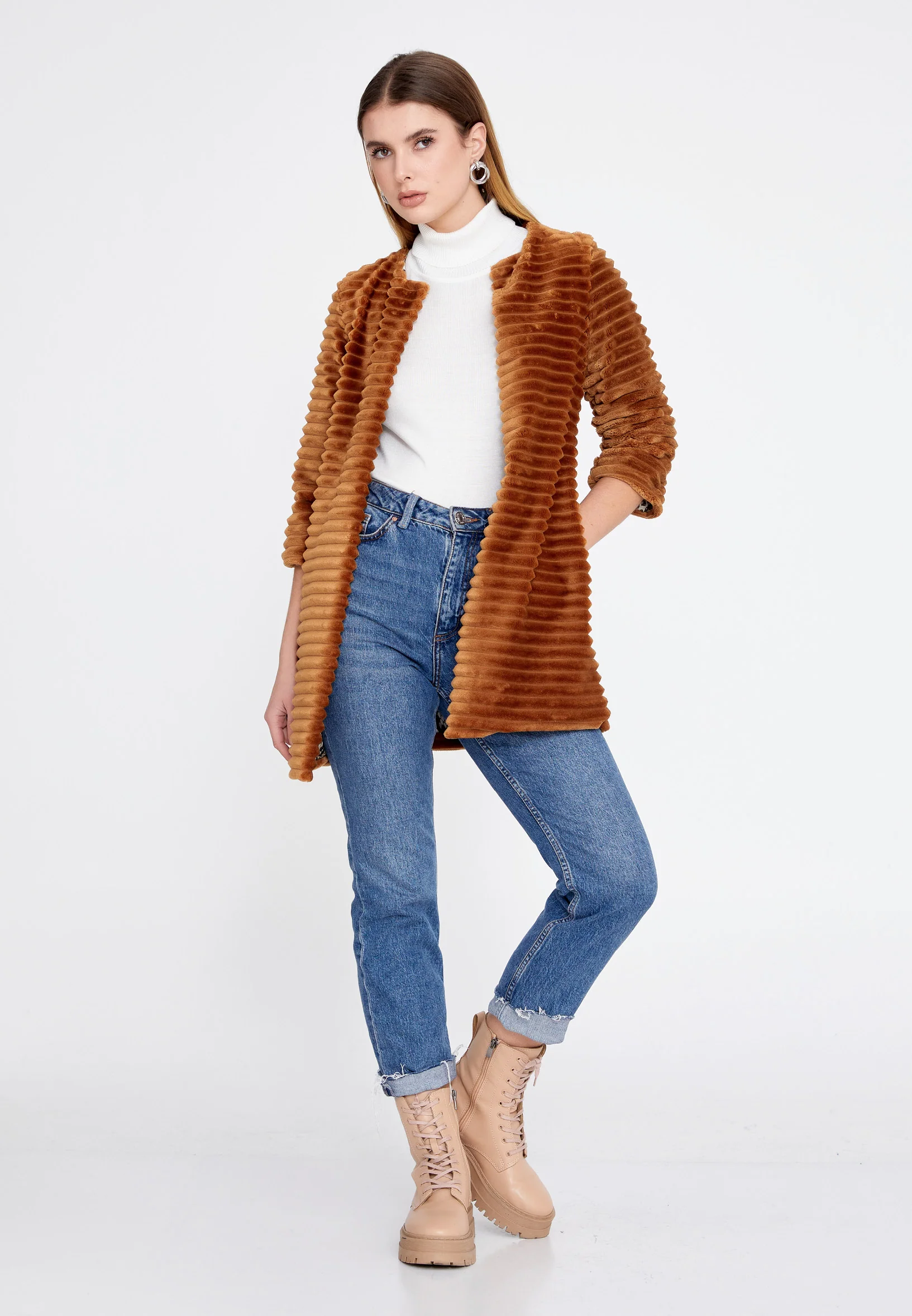 Velvet Solid Color Regular Coat esl87199 - Image 6
