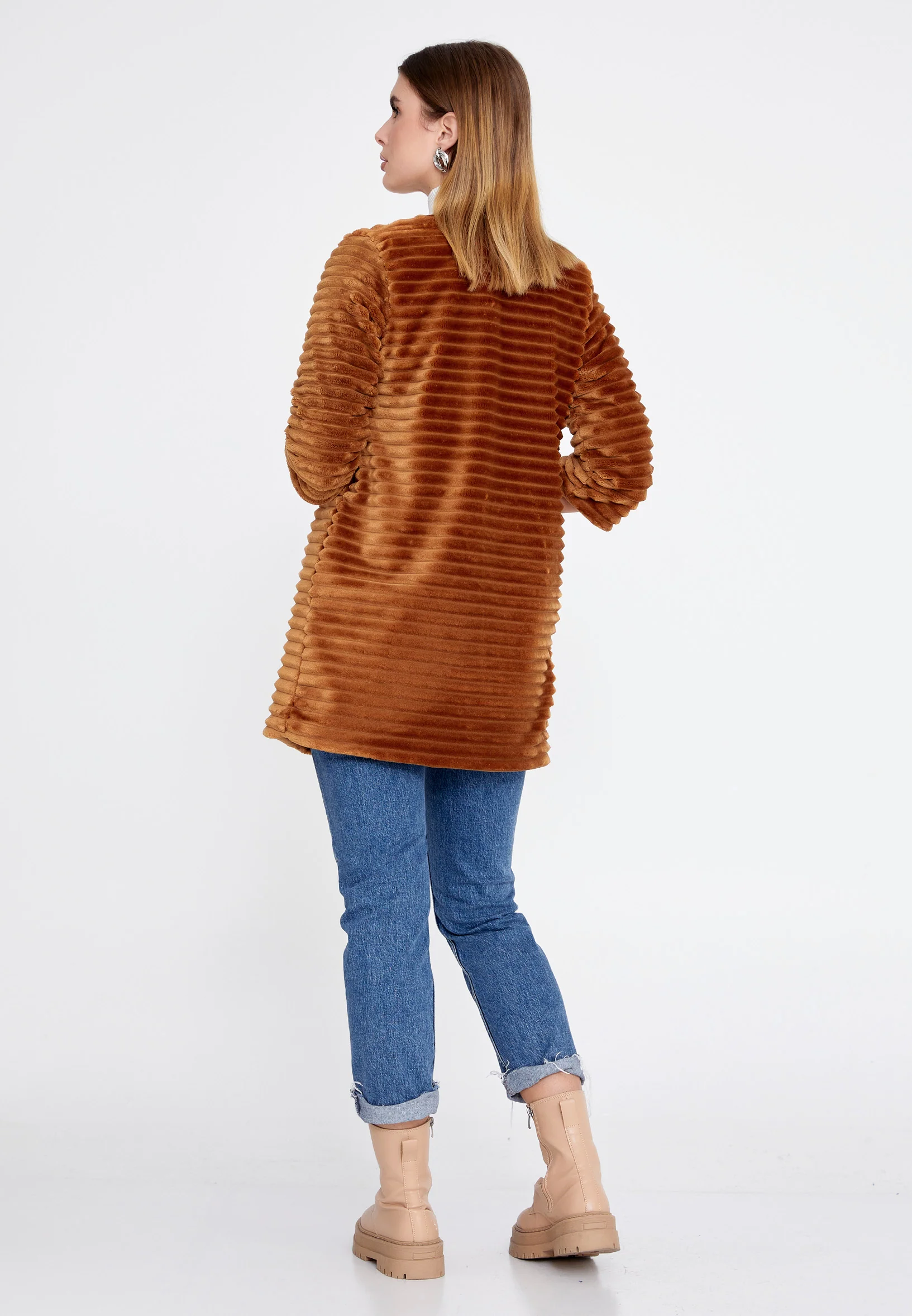 Velvet Solid Color Regular Coat esl87199 - Image 7