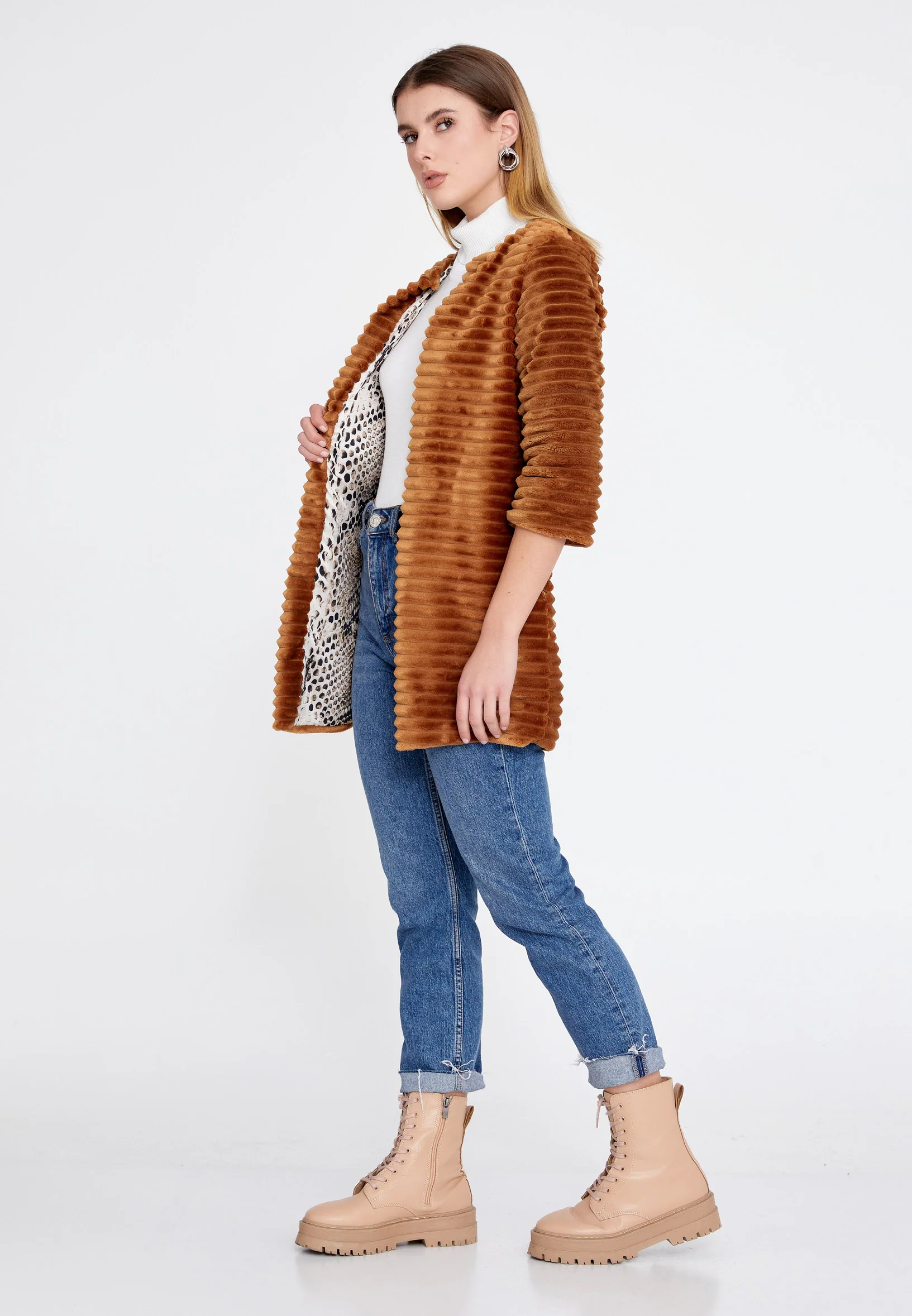 Velvet Solid Color Regular Coat esl87199 - Image 8