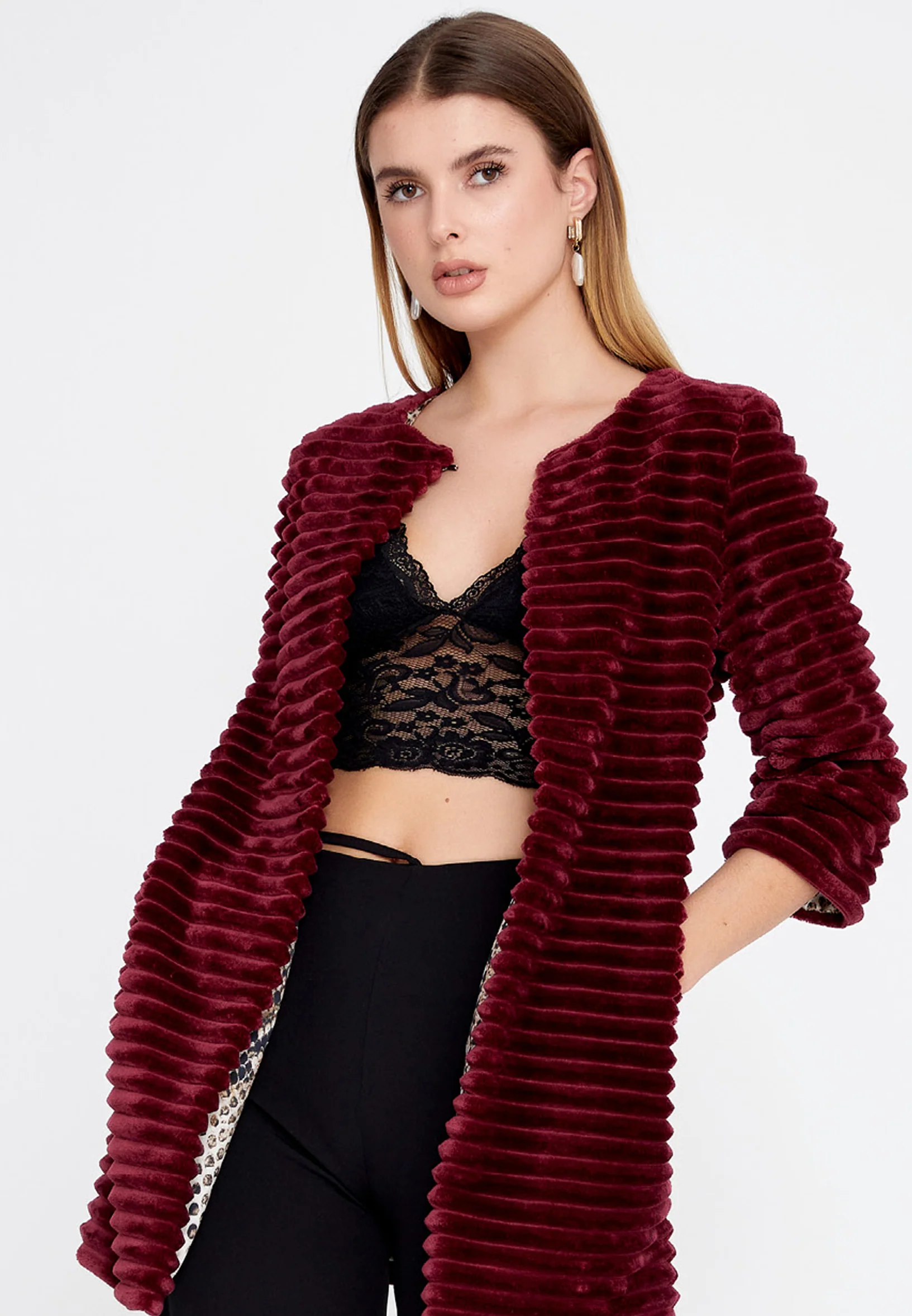 Velvet Solid Color Regular Coat esl87199 - Image 9